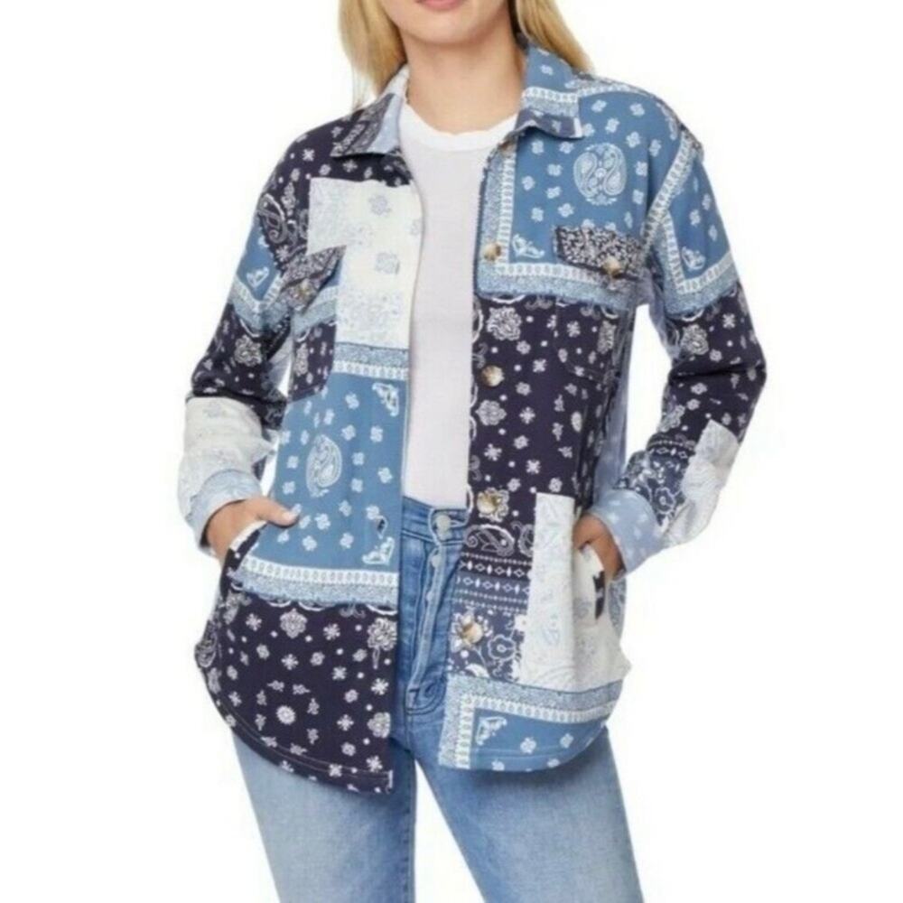 C&c California Remi Fleece Shacket Shirt Jacket Indigo Blue Patchwork XL NWOT
